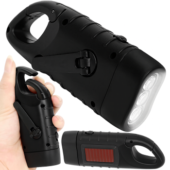 Hand Crank Solar Powered Dynamo Flashlight, 3 LED with Clip, Black
