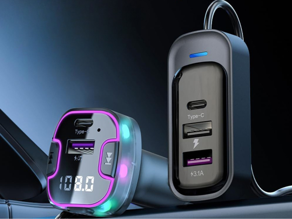 Bluetooth FM Transmitter for Car, 3x USB & USB-C Fast Charger Adapter, Black (1)