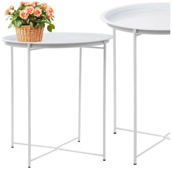 Round Metal Folding Coffee Table with Removable Tray for Balcony, White