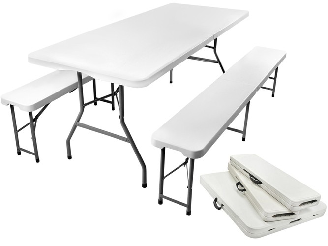 Folding Garden Picnic Household Table + 2 Benches, 180x74x74 cm, White (0)