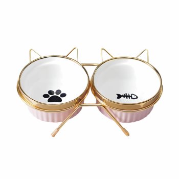 Ceramic Elevated Cat Bowls for Food and Water with Stand 2x300ml, Pink and Gold