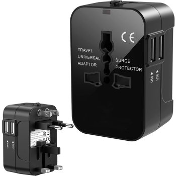 Universal travel adapter with 2 USB ports, UK/USA/EU/AUS, black
