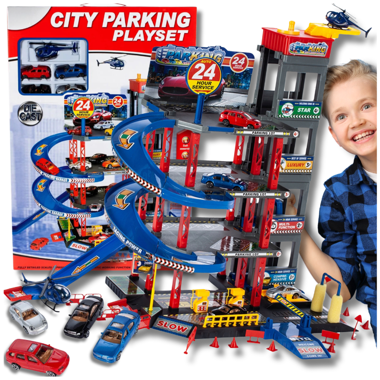 Multi-Level Toy Car Garage Playset with Elevator, 4 Cars, and Helicopter
