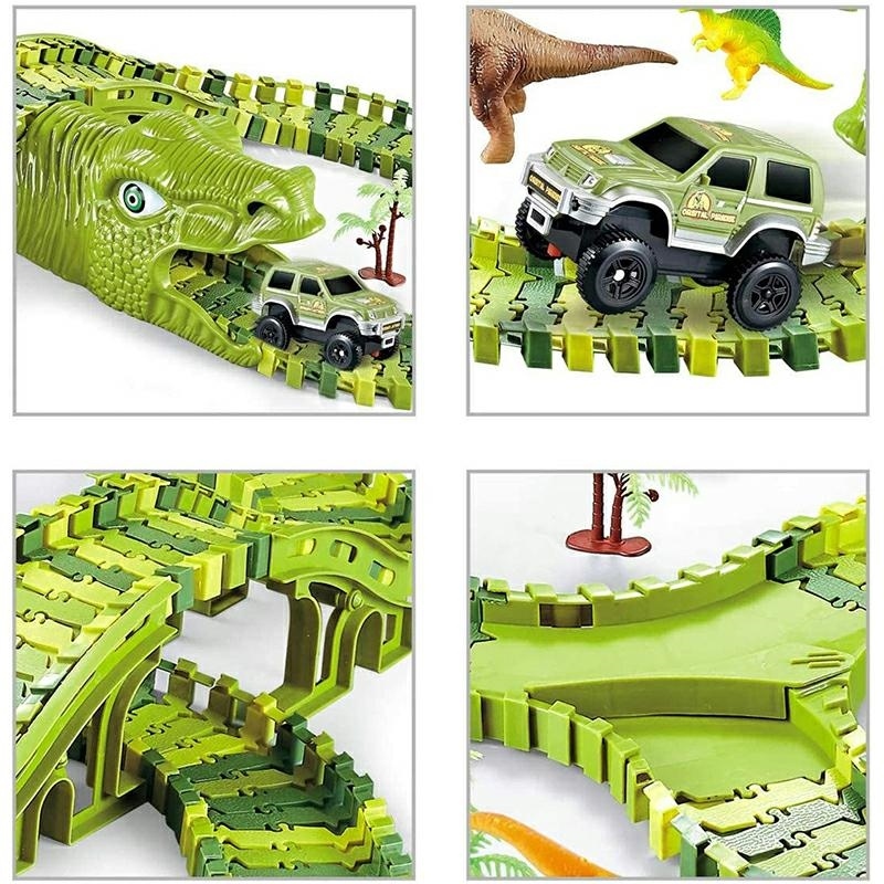 Dinosaur Race Track Toy for Kids 240 Pcs Flexible Car Track Playset with Dino Figures (2)