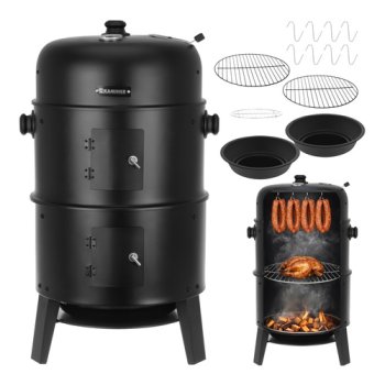 3-in-1 Charcoal BBQ Grill and Smoker Kaminer with Thermometer, Black