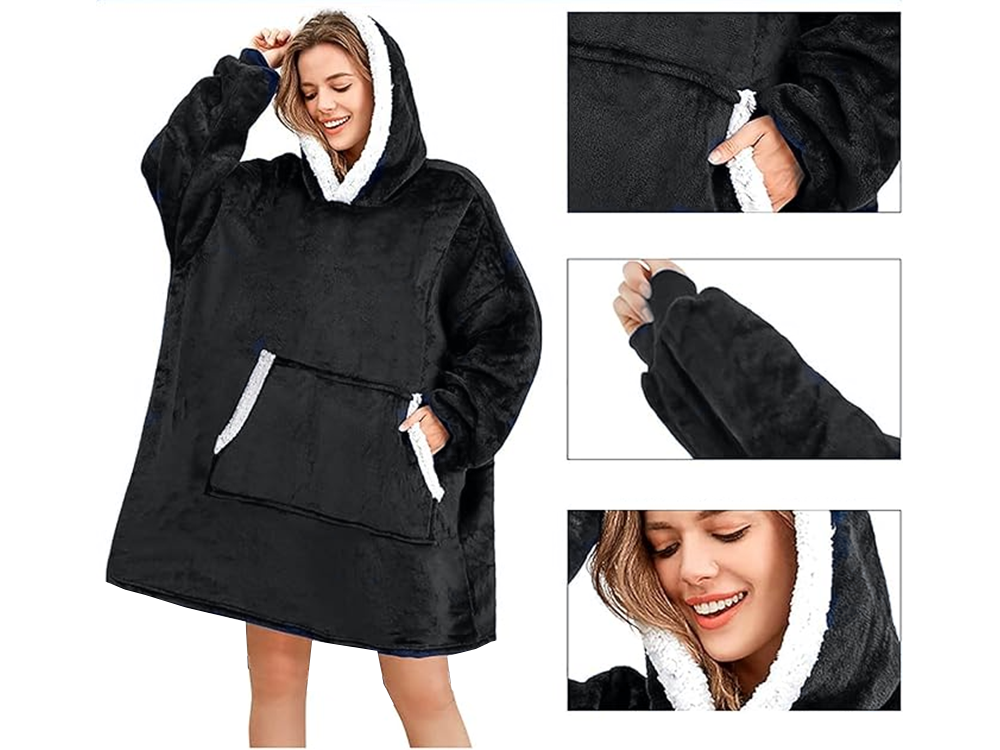 Oversized Blanket Hoodie, Warm and Soft Wearable Blanket with Hood and Pocket, Black (2)