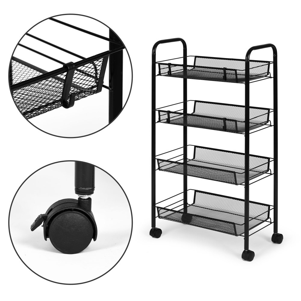 ModernHome 4-Tier Metal Rolling Utility Cart with Storage Baskets, Black (3)