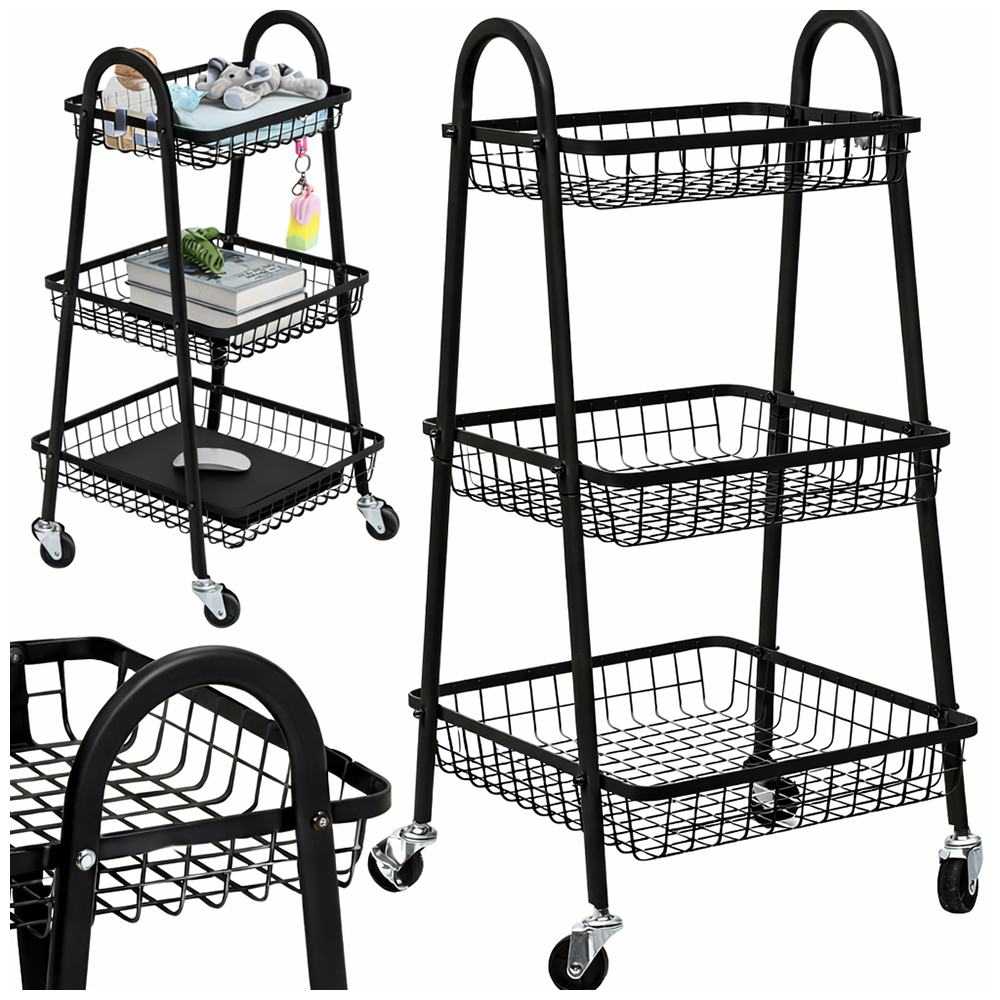 3-Tier Metal Rolling Utility Cart Storage Organizer, Black