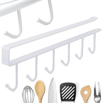 Under Cabinet Utensil Holder with 6 Hooks, Metal, White