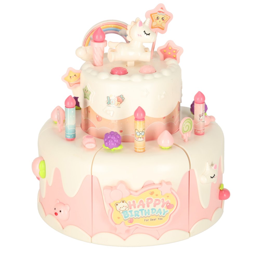 Interactive Two-Tier Birthday Cake Toy with Lights and Music, 16 pcs, Pink (1)