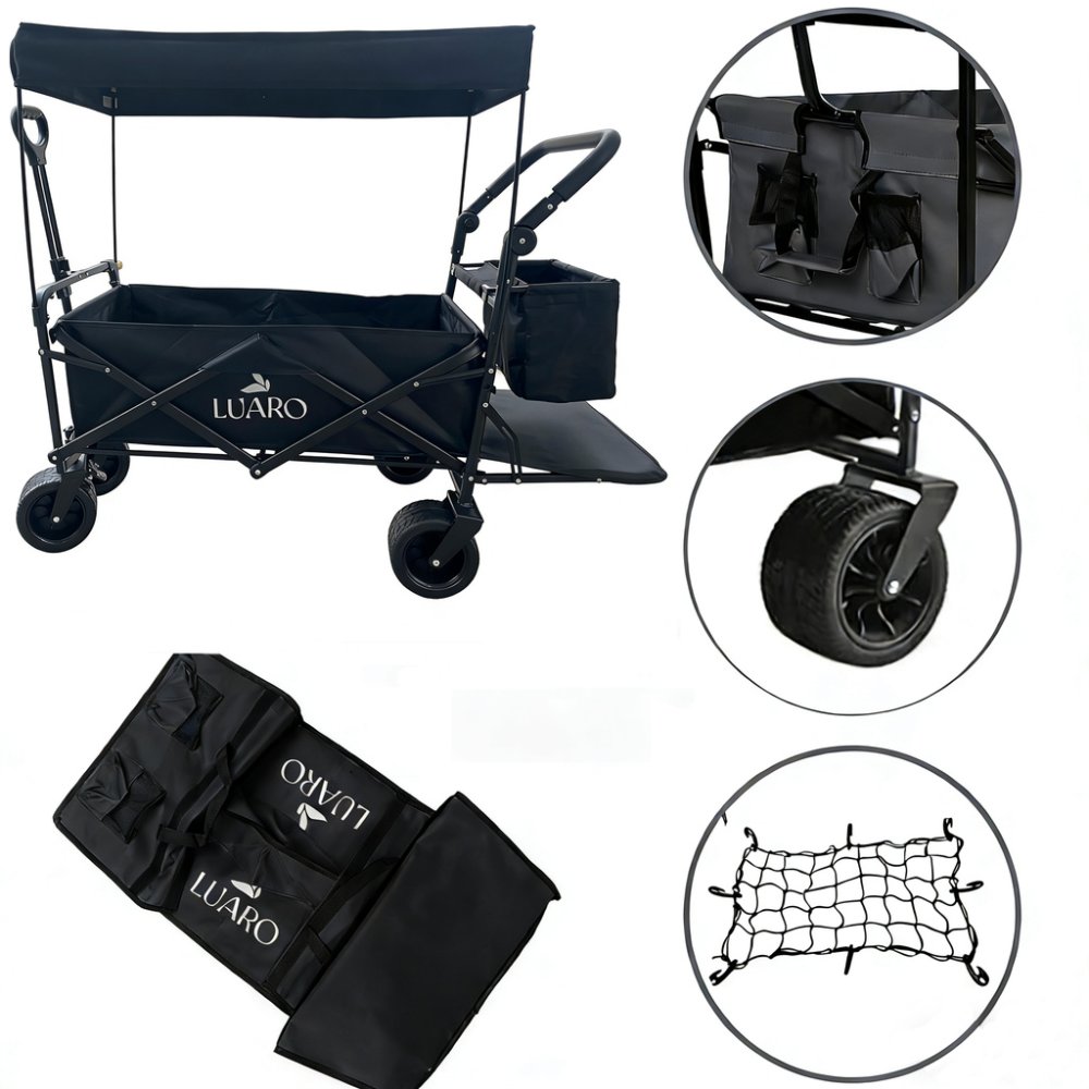 LUARO Folding Utility Beach Wagon with Canopy and Net, Black (0)