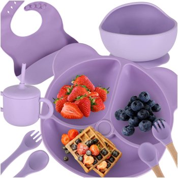 Silicone Baby Feeding Set 8-Piece with Suction Plate and Bib, Purple