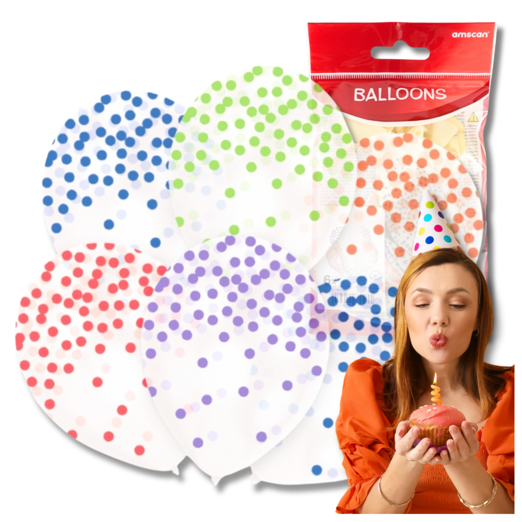 Large Clear Balloons with Colorful Polka Dots, 6 Pack