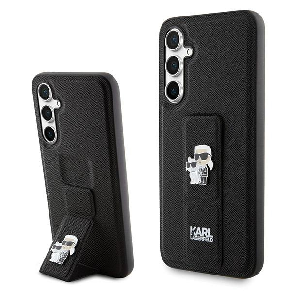 Samsung Galaxy S23 FE (SM-S711B/DS) Karl Lagerfeld Gripstand Saffiano Karl & Choupette Pins Cover Case, Black