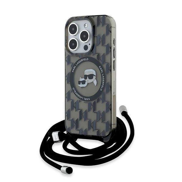 Apple iPhone 15 Pro Max 6.7'' Karl Lagerfeld IML Crossbody Monogram Karl & Choupette Head MagSafe Cover Case, Black