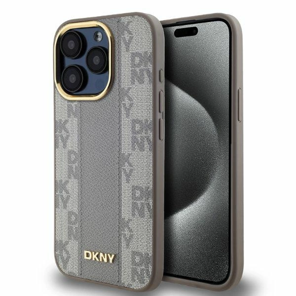 Apple iPhone 15 Pro 6.1'' DKNY Leather Checkered Mono Pattern MagSafe Case Cover, Beige