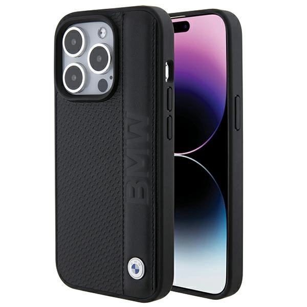 BMW Leather Textured & Stripe iPhone 15 Pro Max Case - Black