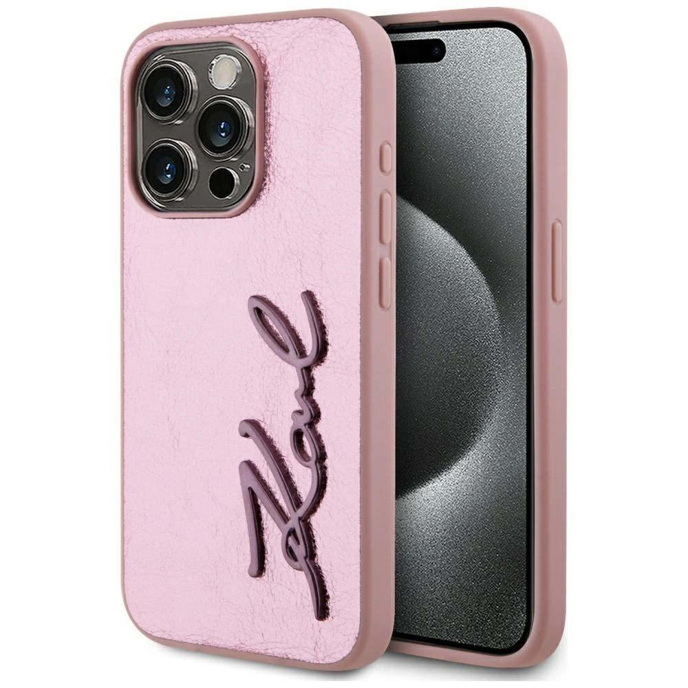 Karl Lagerfeld Wrinkled Metal Signature iPhone 15 Pro Max Case - Pink