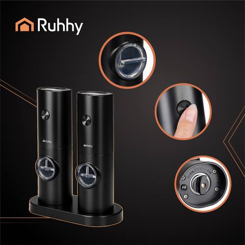 Electric Salt and Pepper Grinders with Adjustable Coarseness and LED, 2-pack, Black (2)