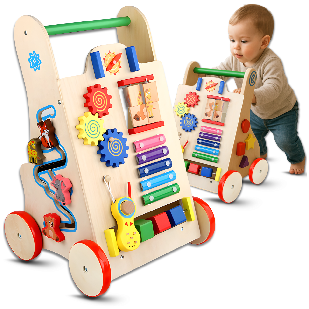 Wooden Baby Walker and Activity Center with Xylophone Clock and Blocks Montessori Toy