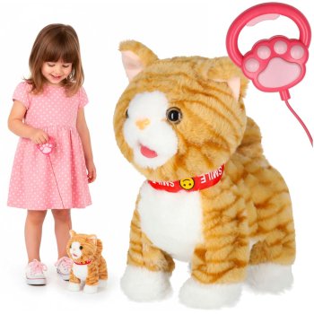 Interactive Walking Kitten Toy on Leash Meows Wags Tail Sings, Beige