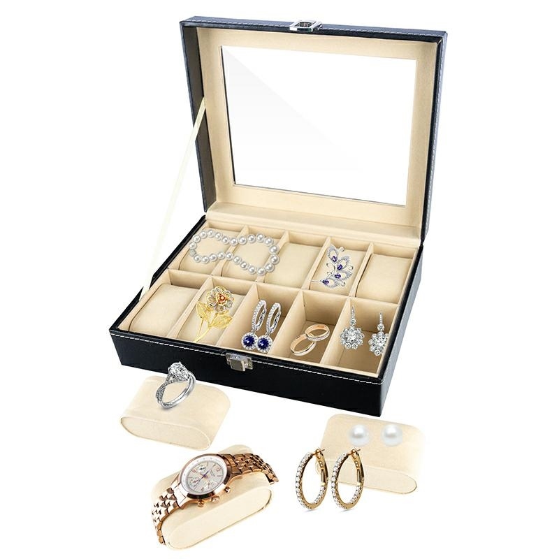 10-Slot Watch Box with Glass Display Lid, Black PU Leather (1)