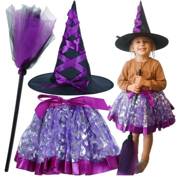 Girls Witch Costume 3-Piece Set with Hat and Broom, Purple