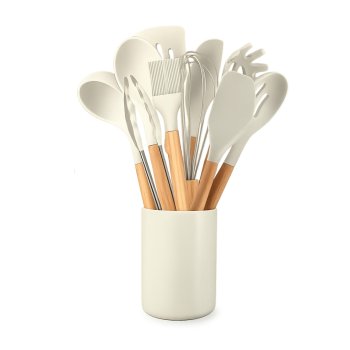 Kitchen Utensil Set 12 Piece, Silicone Cooking Tools with Holder for Nonstick Cookware, Beige