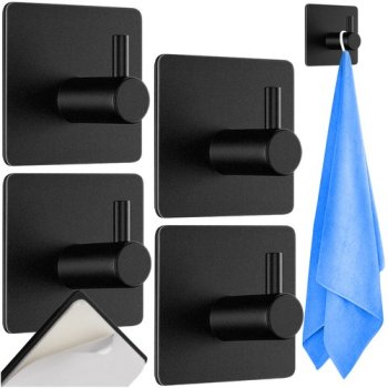Ruhhy Self-Adhesive Towel Hooks, No-Drill Set of 4, Black 25037