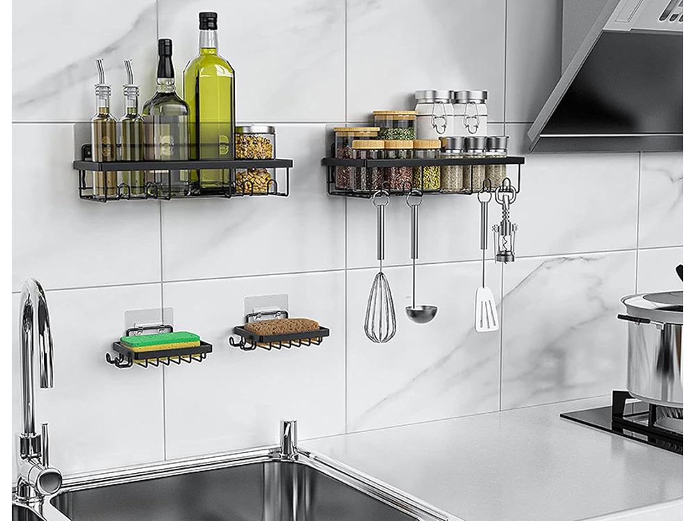 Self-adhesive Kitchen and Bathroom Shelf + 4 Hooks, Black (1)