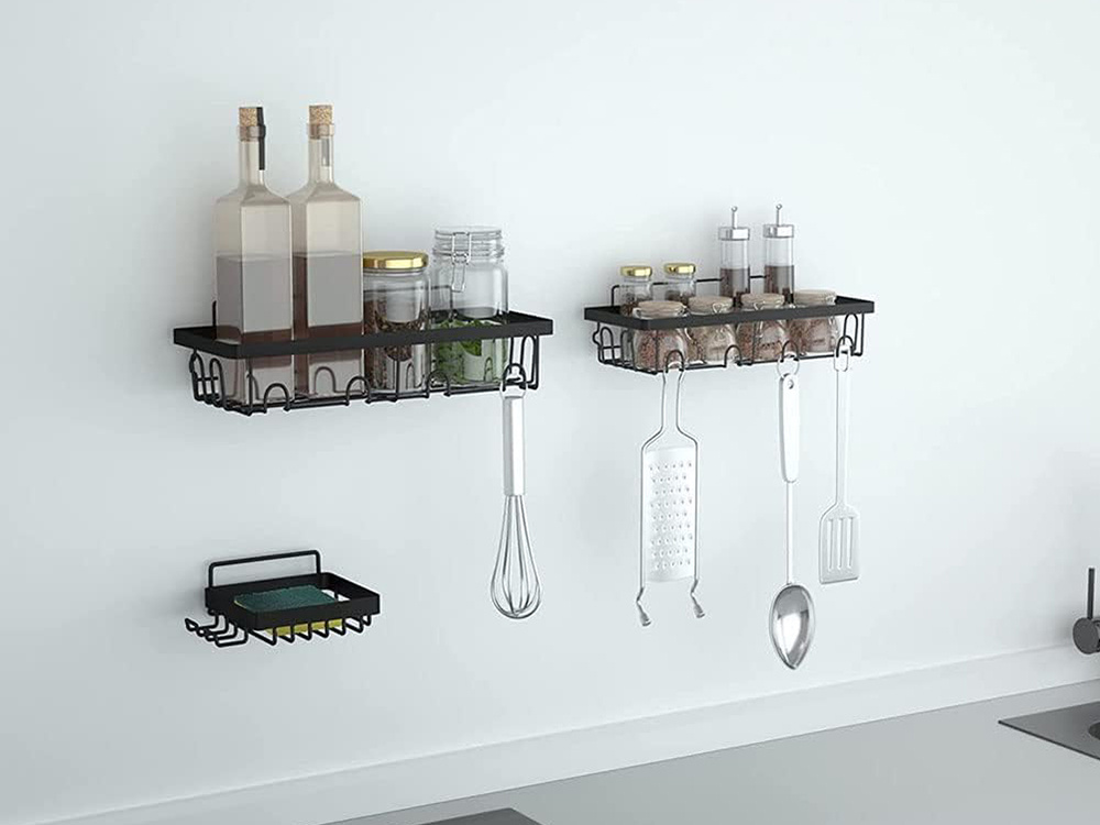 Self-adhesive Kitchen and Bathroom Shelf + 4 Hooks, Black (2)