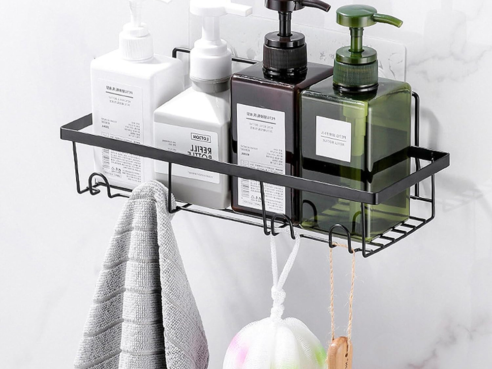 Self-adhesive Kitchen and Bathroom Shelf + 4 Hooks, Black (5)