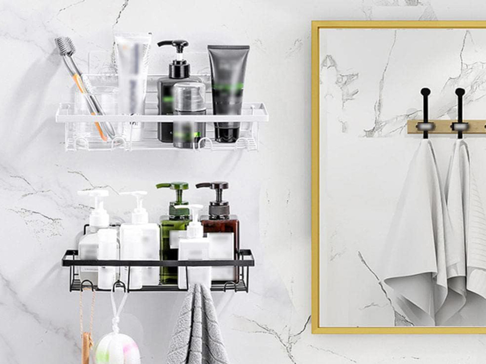 Self-adhesive Kitchen and Bathroom Shelf + 4 Hooks, Black (6)
