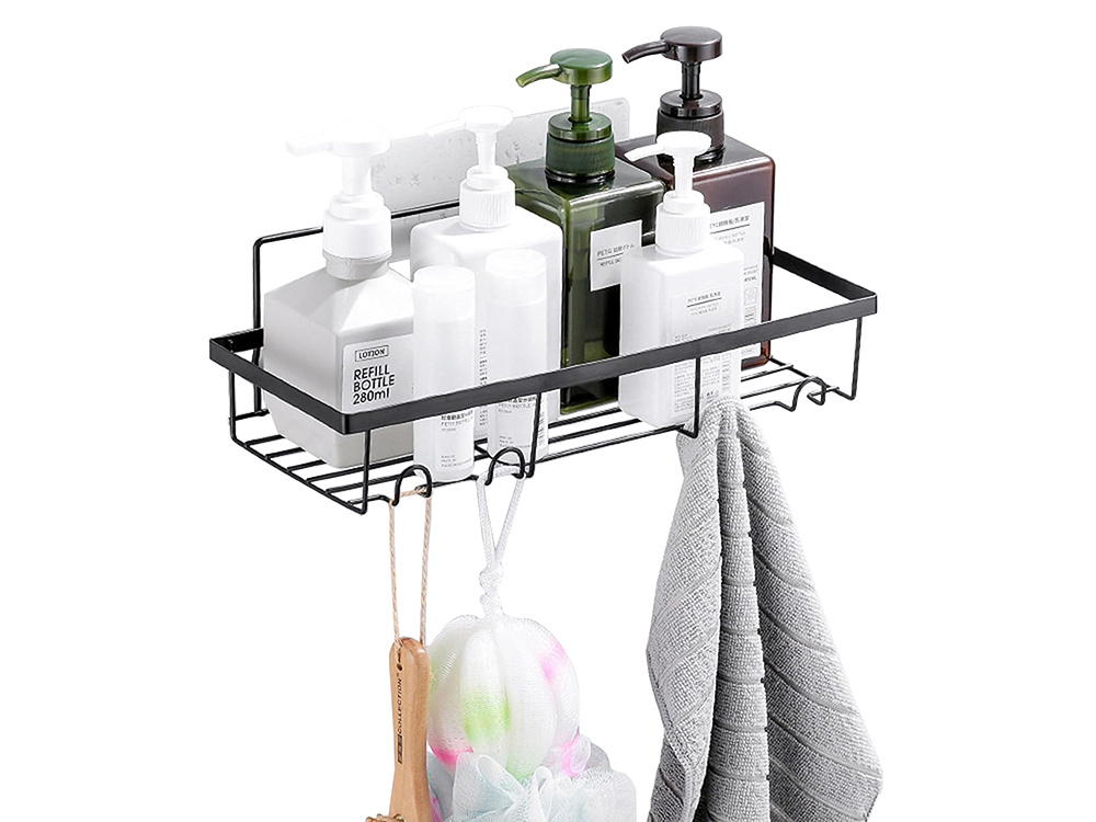 Self-adhesive Kitchen and Bathroom Shelf + 4 Hooks, Black (7)