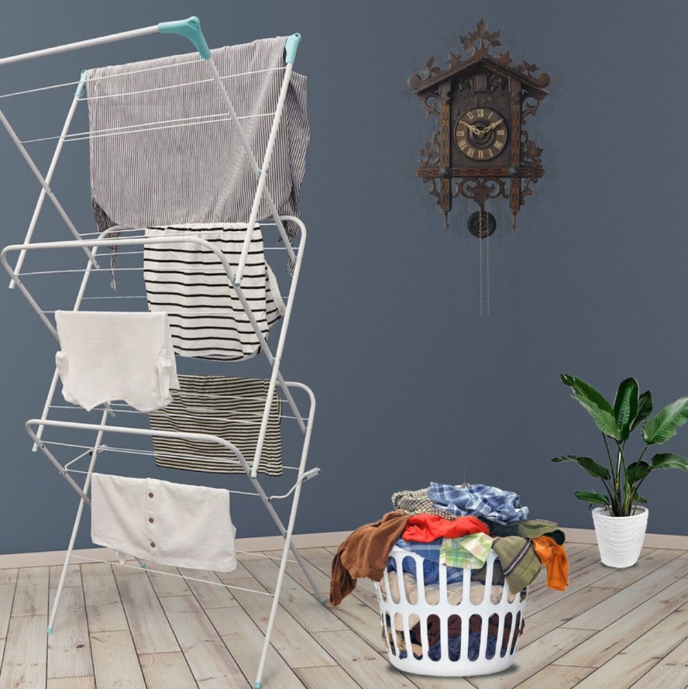 Vertical foldable clothes drying rack with 3 tiers, white-black (2)