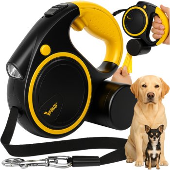 Retractable Dog Leash with Flashlight 5m Purlov 25965, Black / Yellow