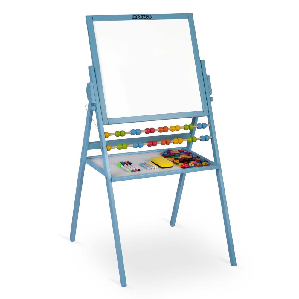 Ricokids Double-Sided Wooden Kids Easel, Magnetic Whiteboard & Chalkboard, blue (2)