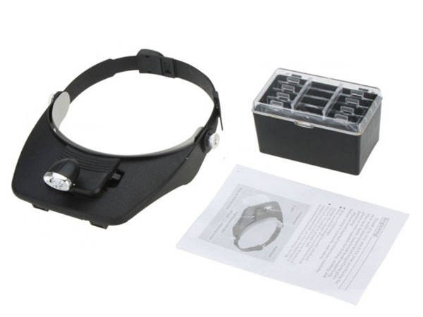 Headband Magnifier with 2 LED Lights and 4 Interchangeable Lenses, Black (1)