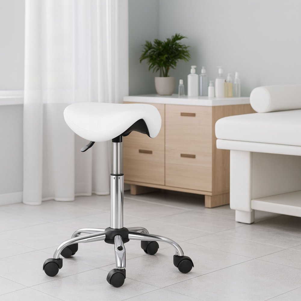 ModernHome Adjustable Swivel Saddle Stool with Wheels, White (0)