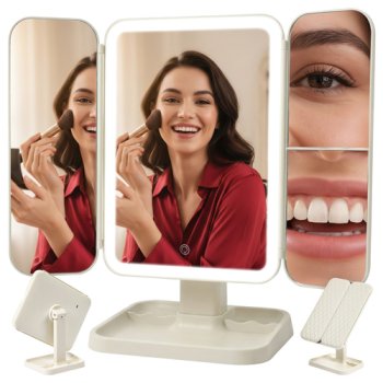 LED Makeup Mirror Soulima 26952, Trifold Vanity with 2x/3x Magnification, Cream White
