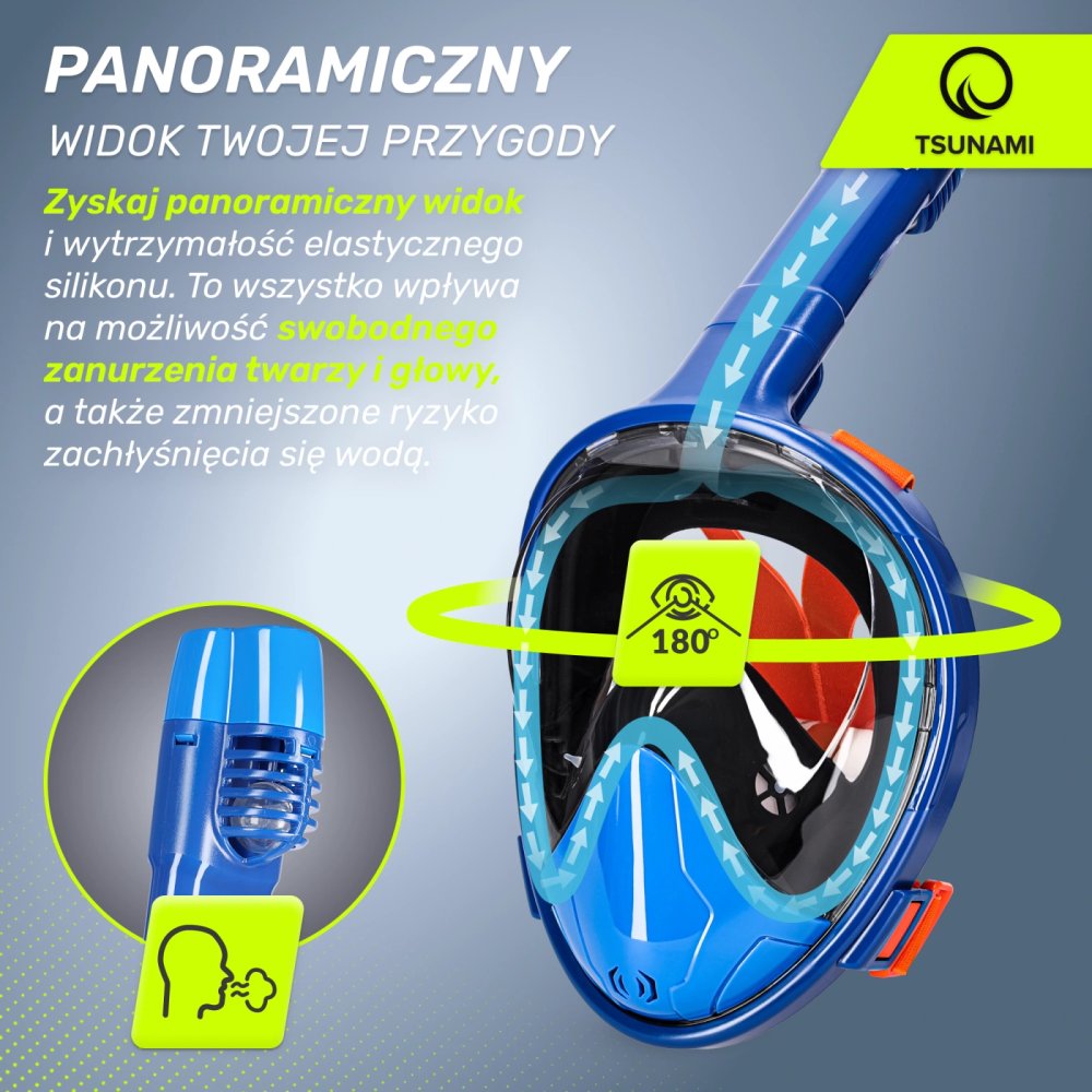 TSUNAMI Full Face Snorkel Mask with Panoramic View S/M, Blue (2)