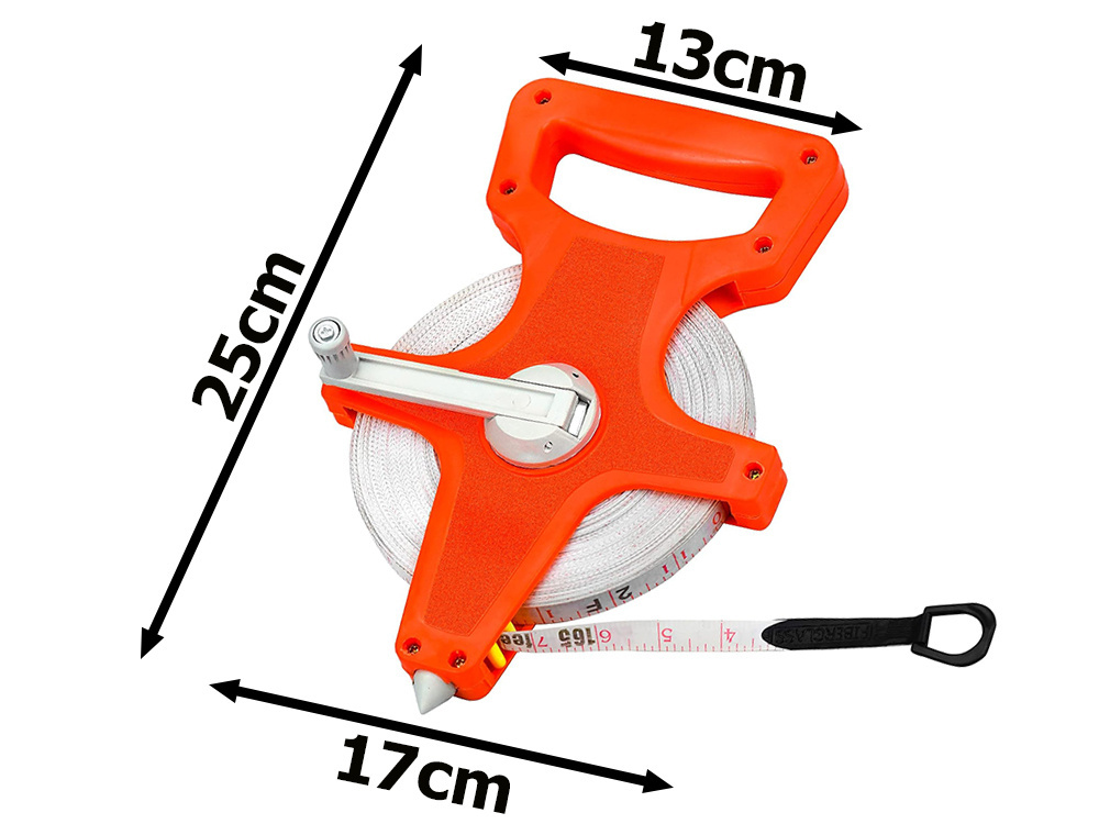 Measuring tape 50m with rewind, centimeters/inches, orange (0)