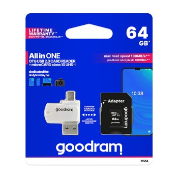 GoodRam 64GB microSDHC Memory Card Class 10 UHS-I with Adapter and Reader, Black