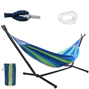 Double Garden Hammock with Metal Frame Standing Assembled Canvas Swing 200x150 cm, Blue Green