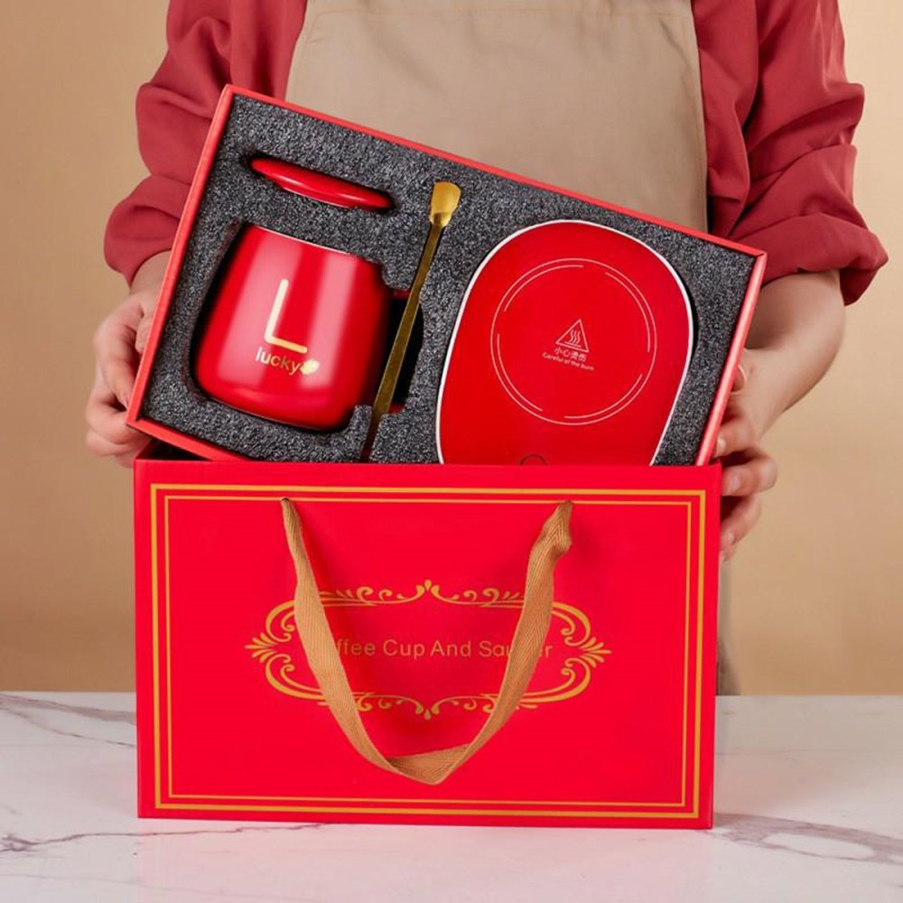 Electric Mug Warmer with Ceramic Cup and Spoon Set, Red (3)