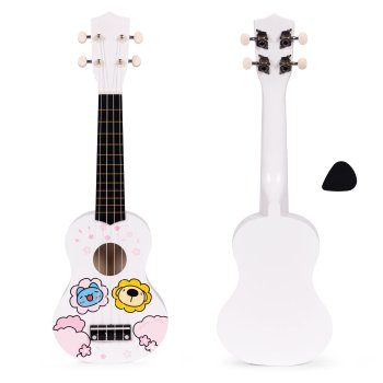 ECOTOYS Wooden Ukulele for Kids with 4 Nylon Strings and Pick, White