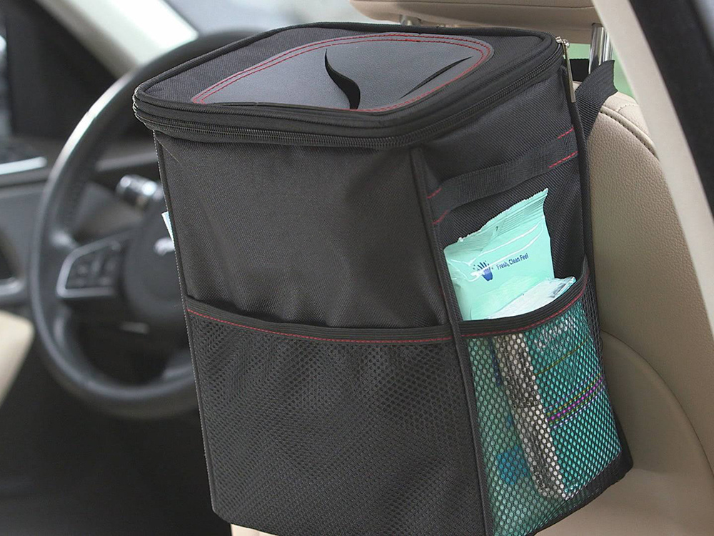 Leakproof Car Trash Can and Seat Back Organizer, Black (1)