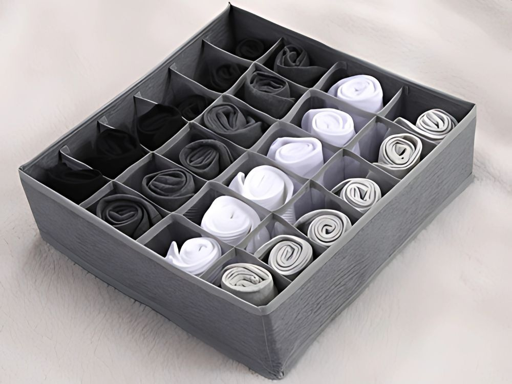 Underwear Drawer Organiser with 24 Compartments for Socks & Ties, Grey (3)