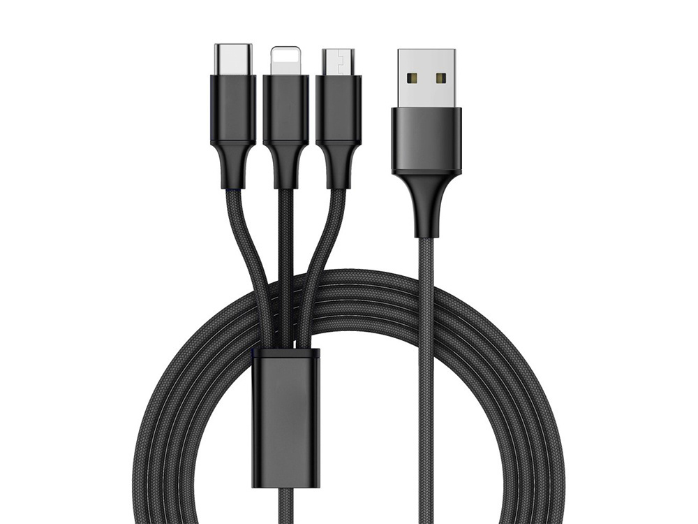 USB 3-in-1 charging cable for phone, Lightning, Micro USB, Type-C, 1.2m, black (0)