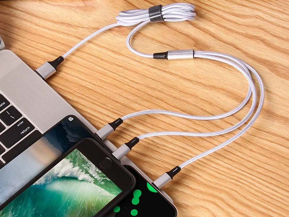 3-in-1 USB cable with lightning, micro USB, Type-C connectors, 1.2m, silver (2)